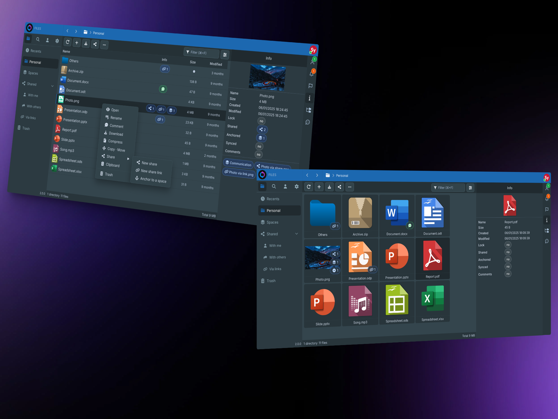 Interface web Sync-in refondue en thèmes clair et sombre