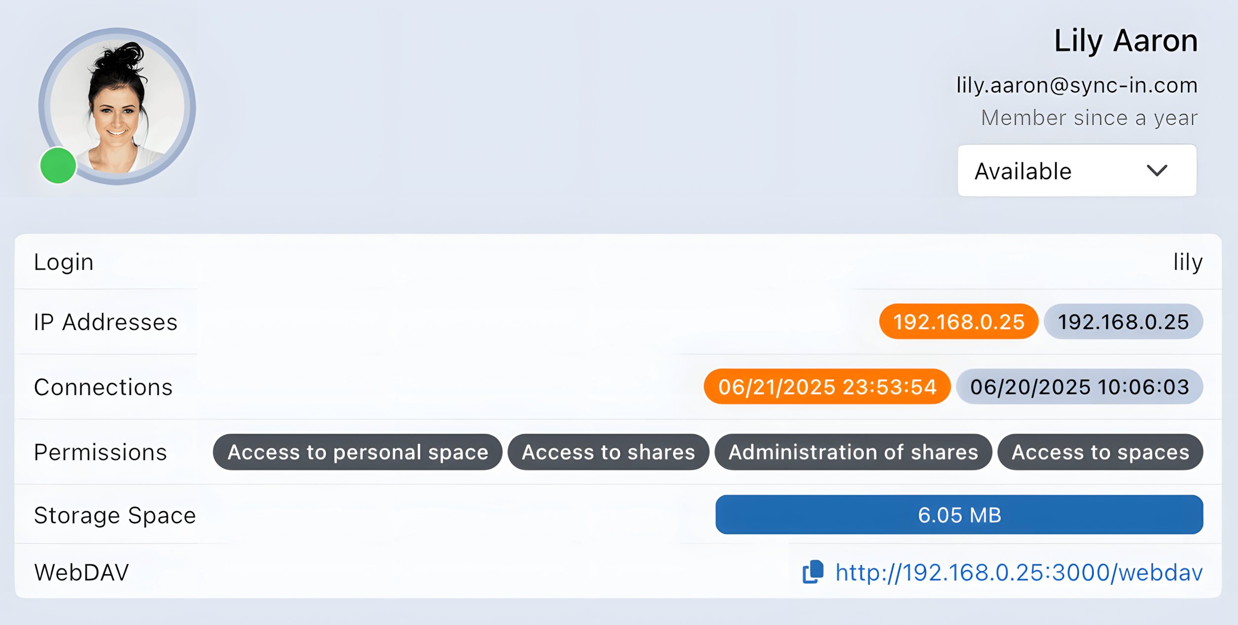 Profil Vue du profil et de la sécurité du compte Sync-in