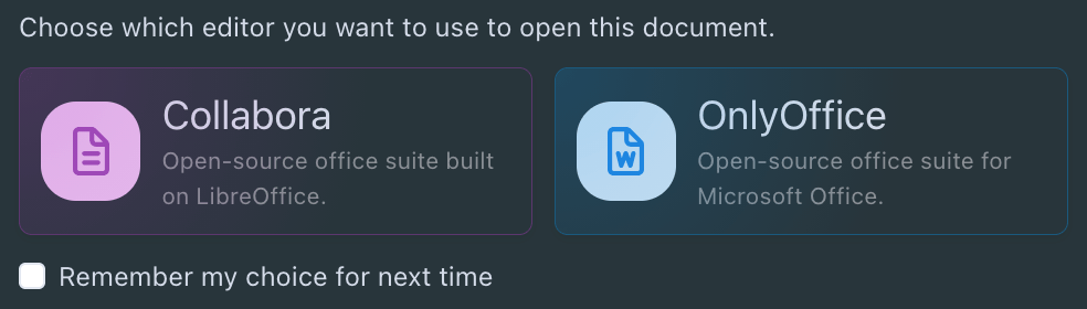 Sélection d'éditeur dans Sync-in entre Collabora Online et OnlyOffice
