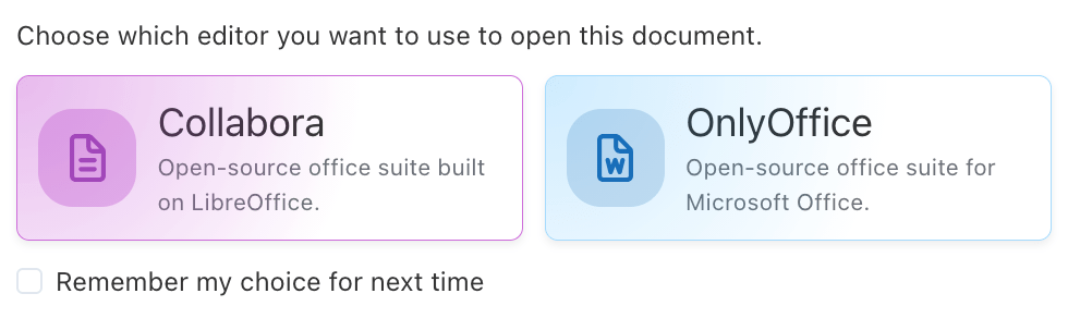 Éditeurs Sélection d'éditeur dans Sync-in entre Collabora Online et OnlyOffice