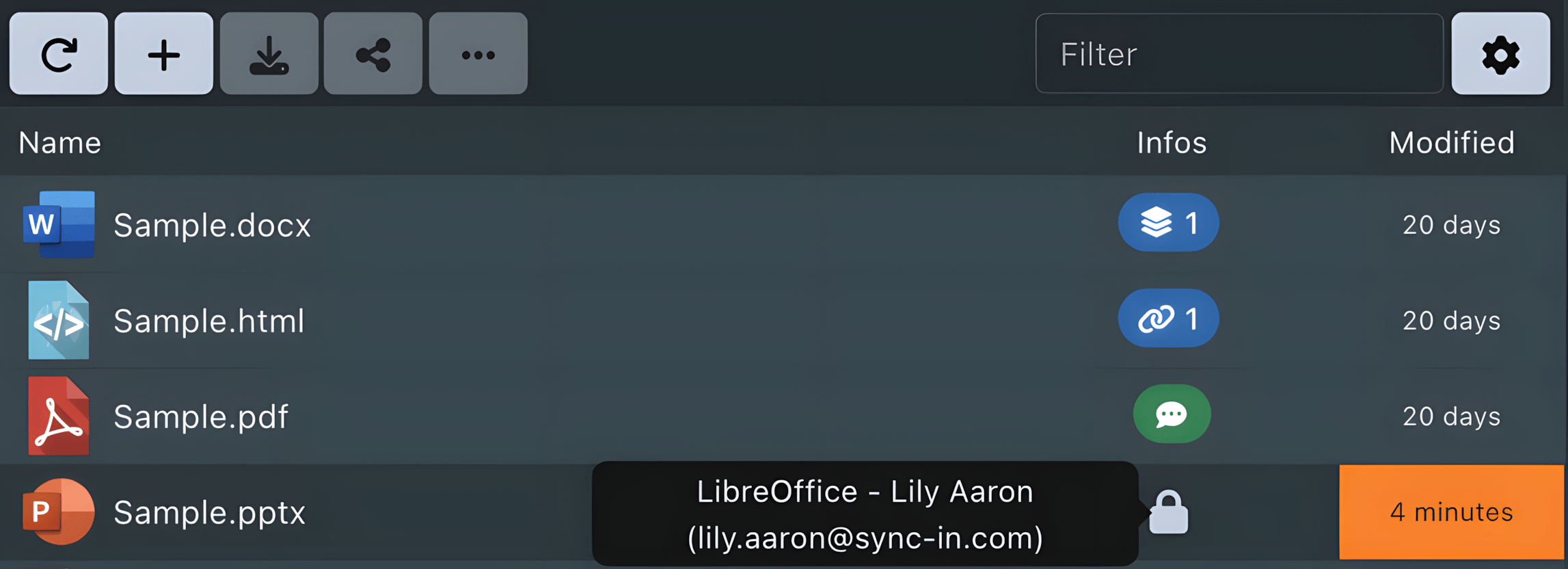 Gestionnaire de fichiers Sync-in avec métadonnées et statuts de collaboration