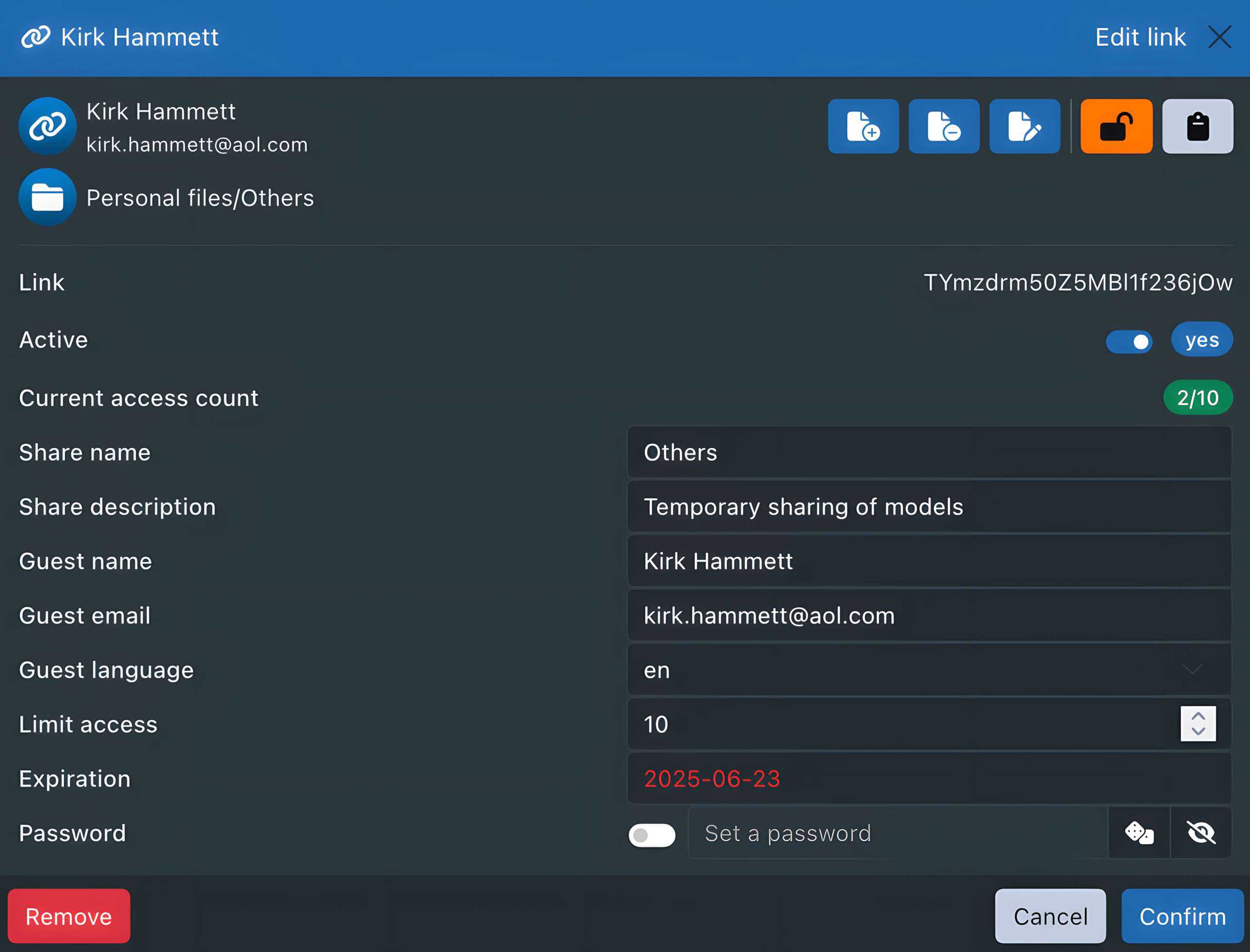 Paramètres de lien partagé Sync-in avec limites d'accès et mot de passe
