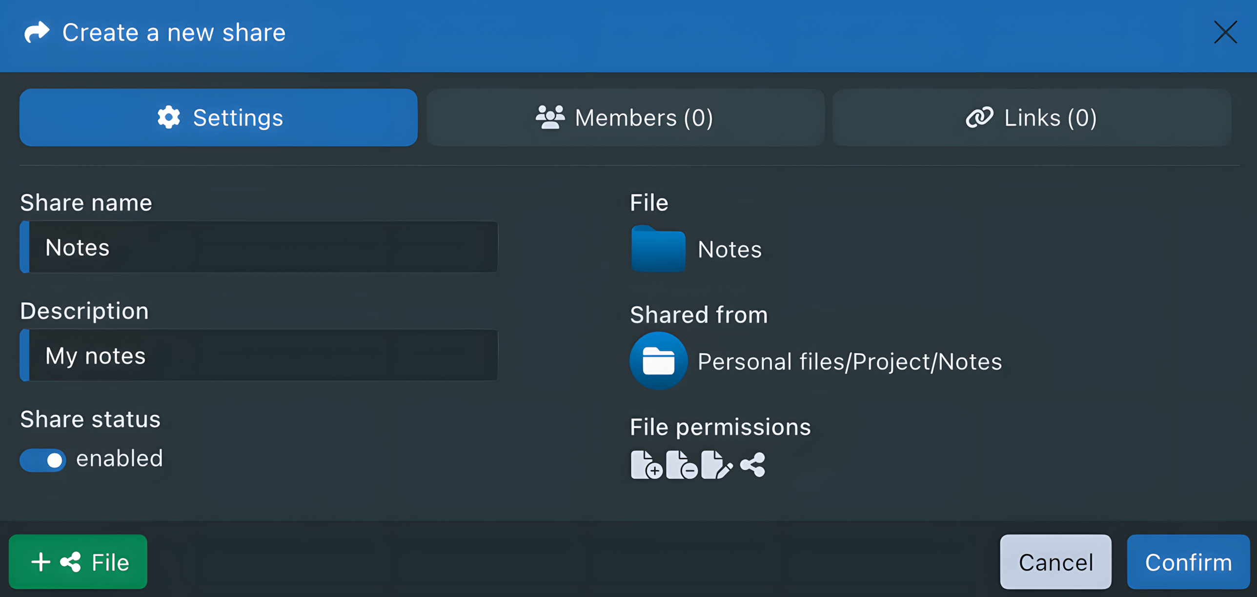 Paramètres de partage Sync-in et permissions des membres