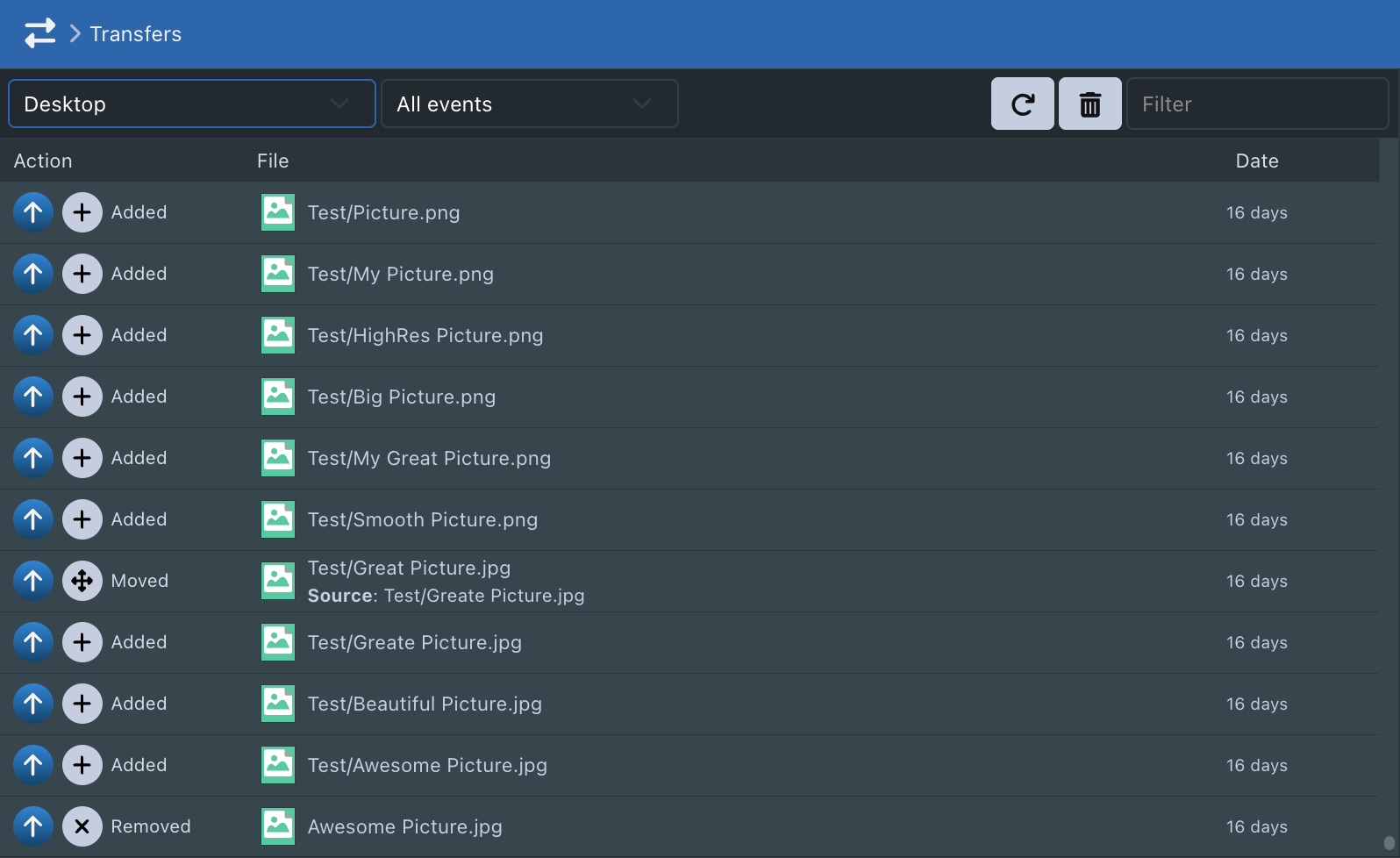 Historique des transferts de synchronisation desktop dans Sync-in