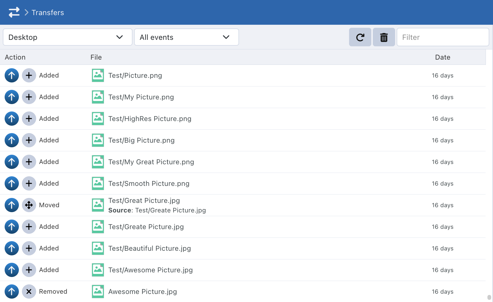 Transferts Historique des transferts de synchronisation desktop dans Sync-in