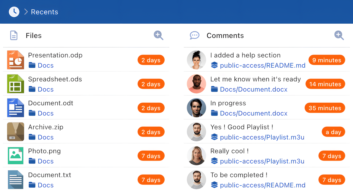 Suivi d'activité et commentaires dans Sync-in