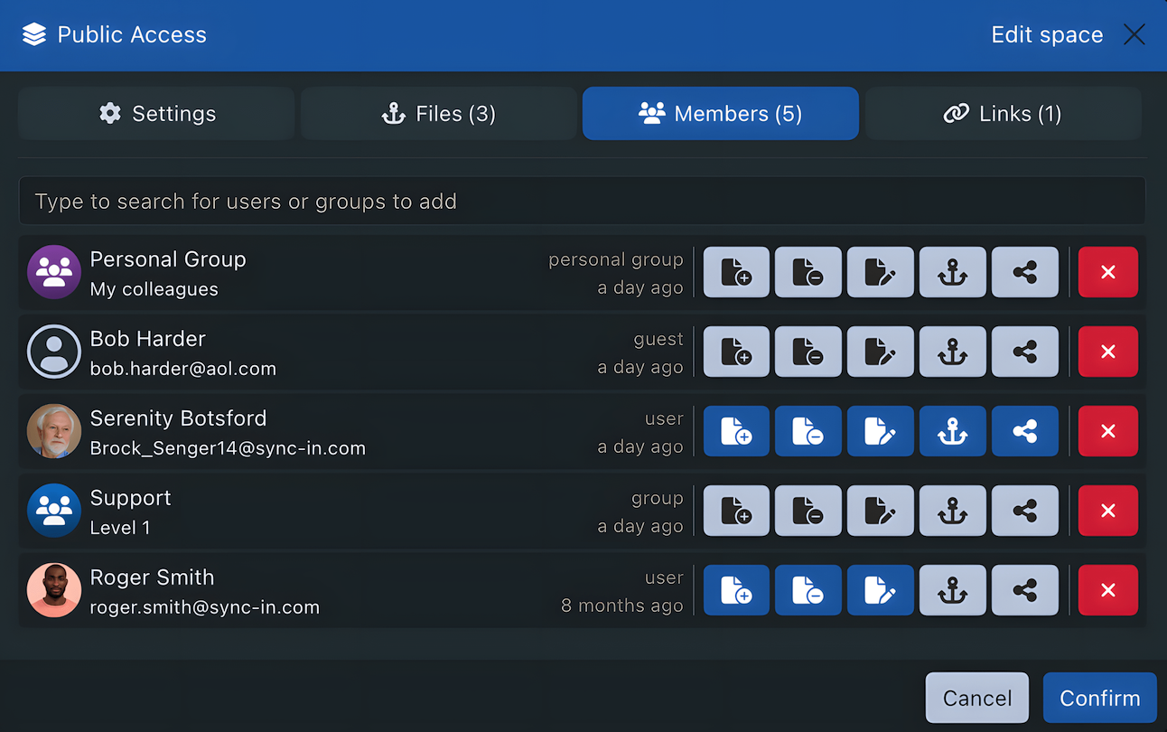 Permissions des membres d'un espace collaboratif Sync-in