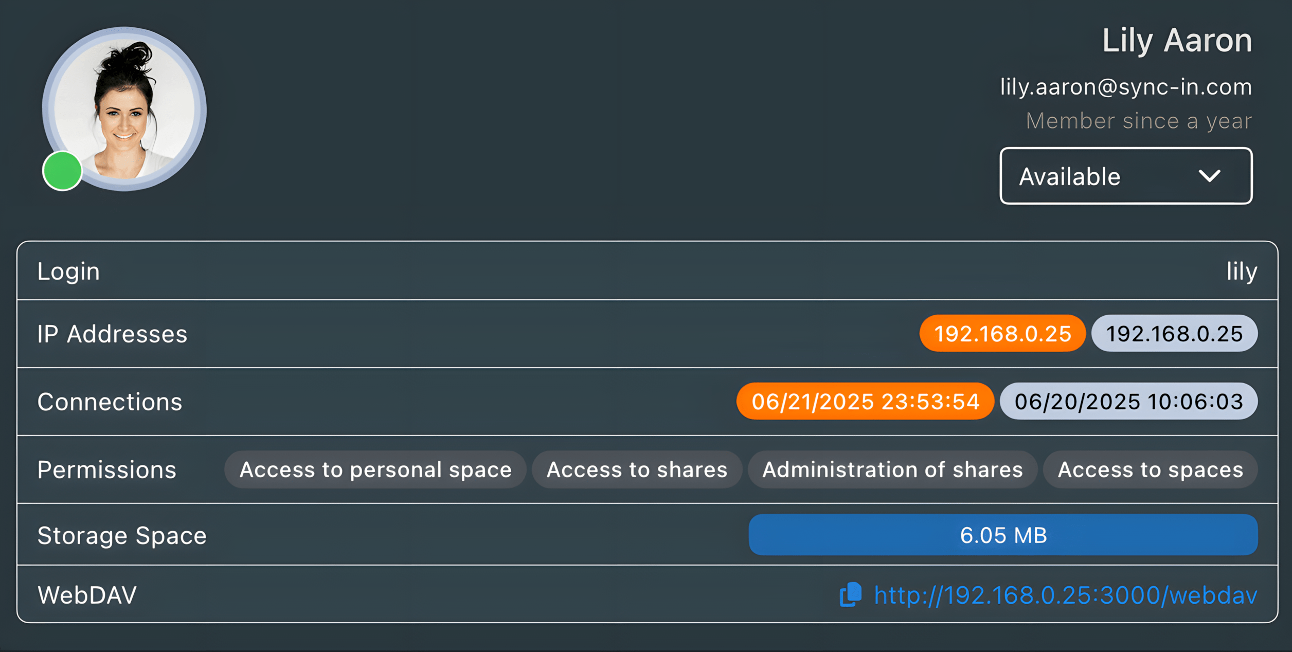 Sync-in account profile and security overview