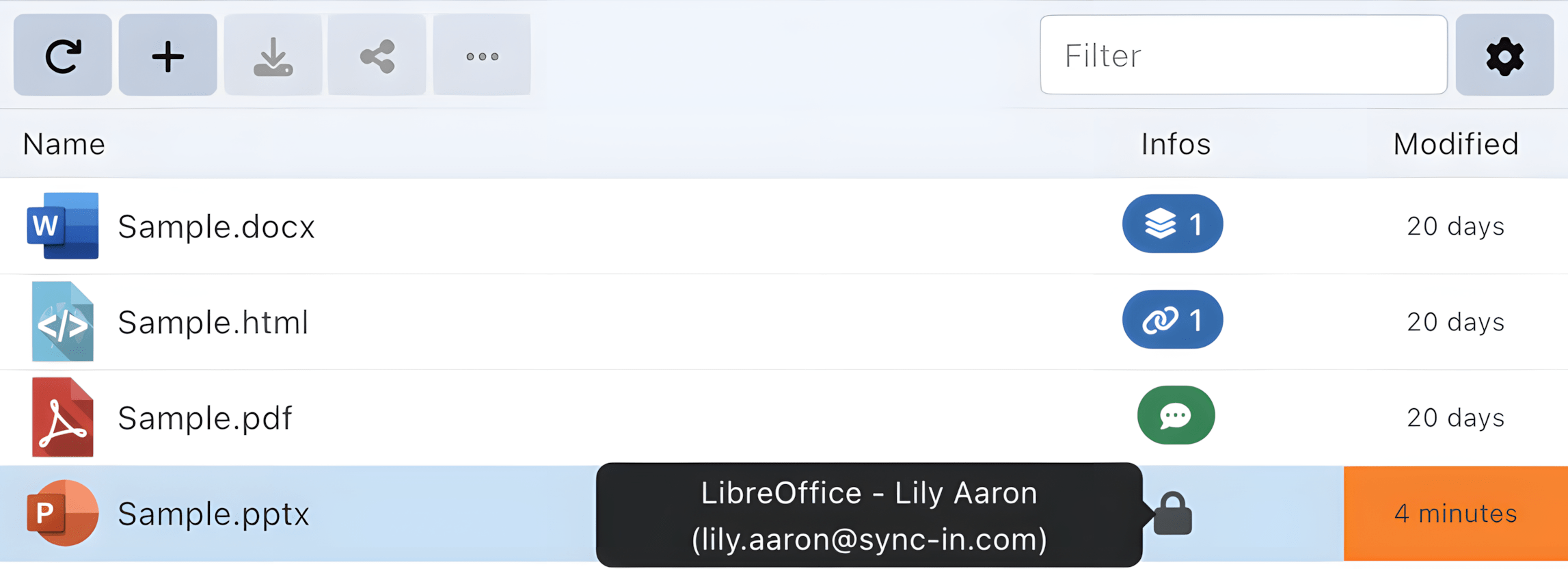 Files Metadata Sync-in file manager showing file metadata and collaboration status