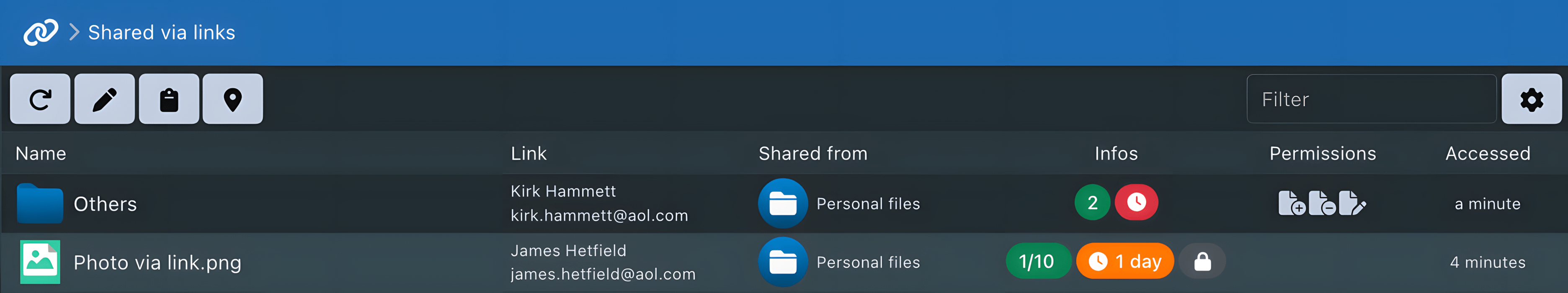 Sync-in shared link management interface