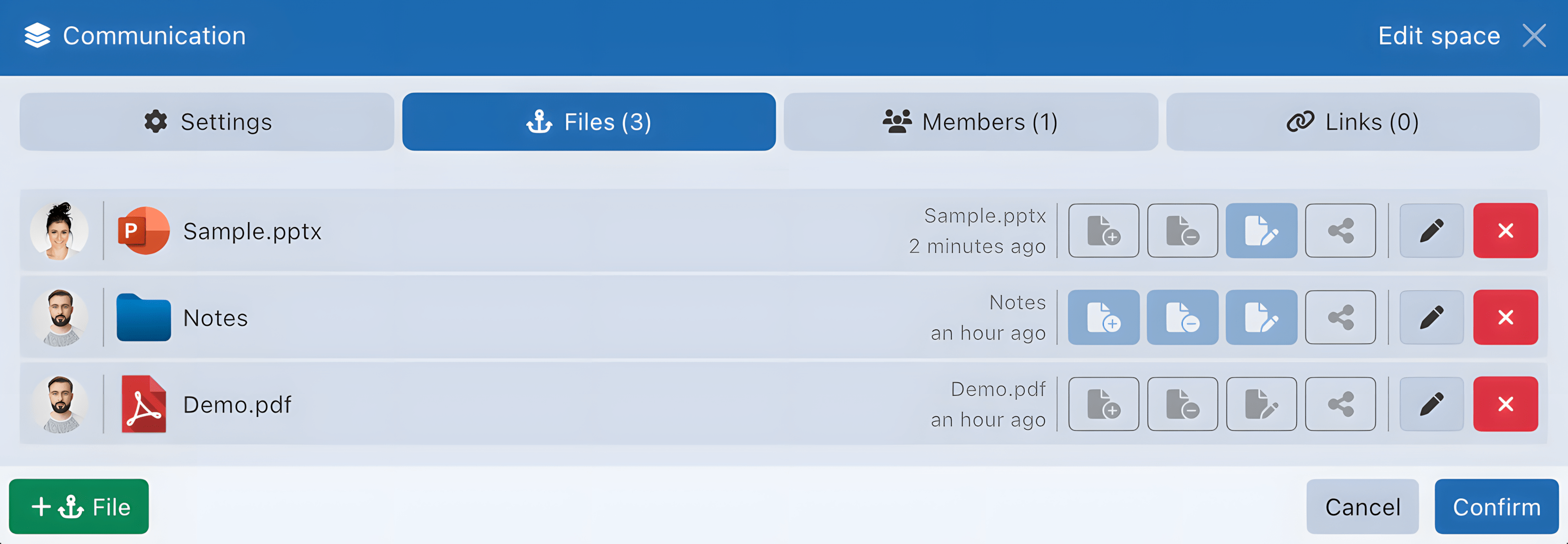 Sync-in anchored file management in space settings