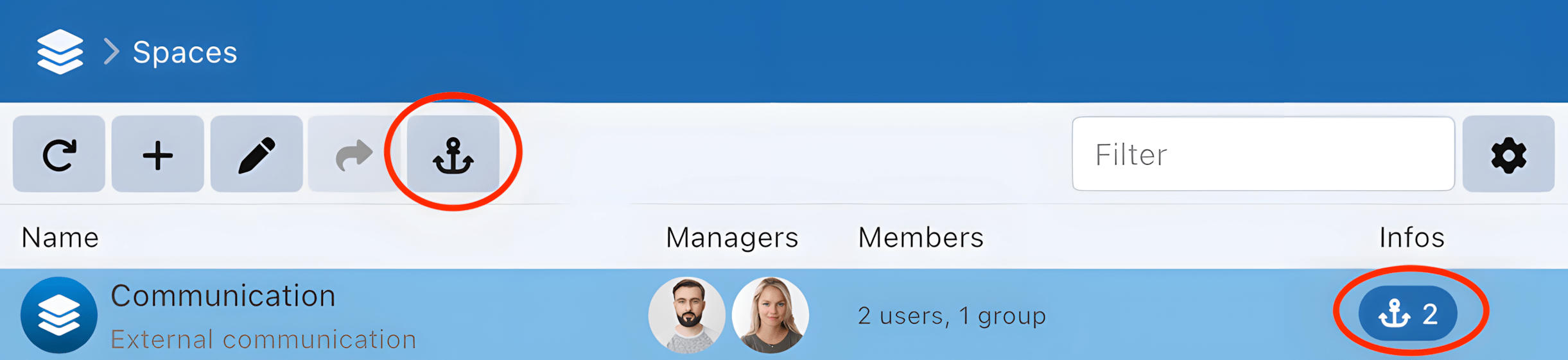 Sync-in anchored files listed inside a collaborative space