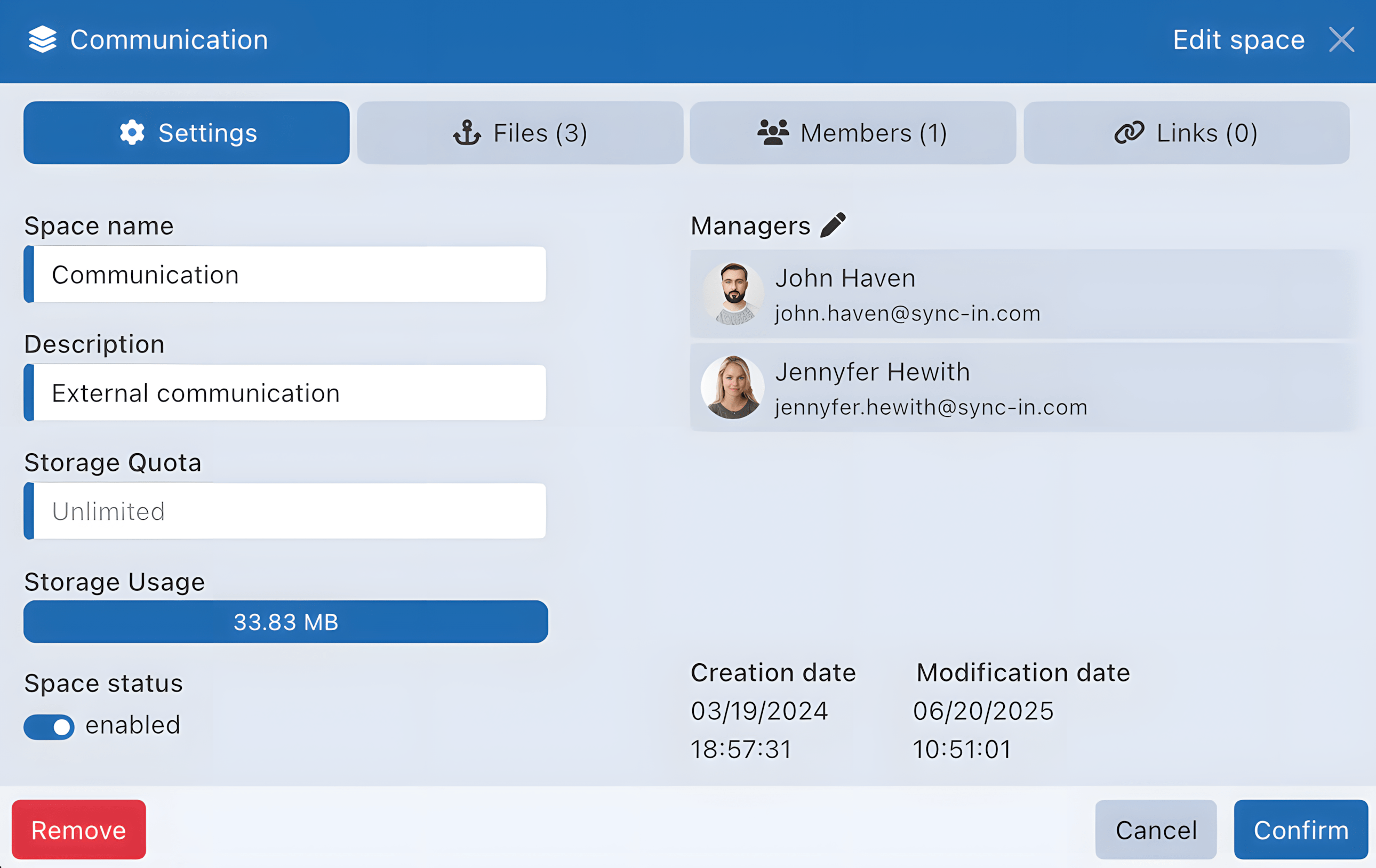 Sync-in collaborative space settings and quotas
