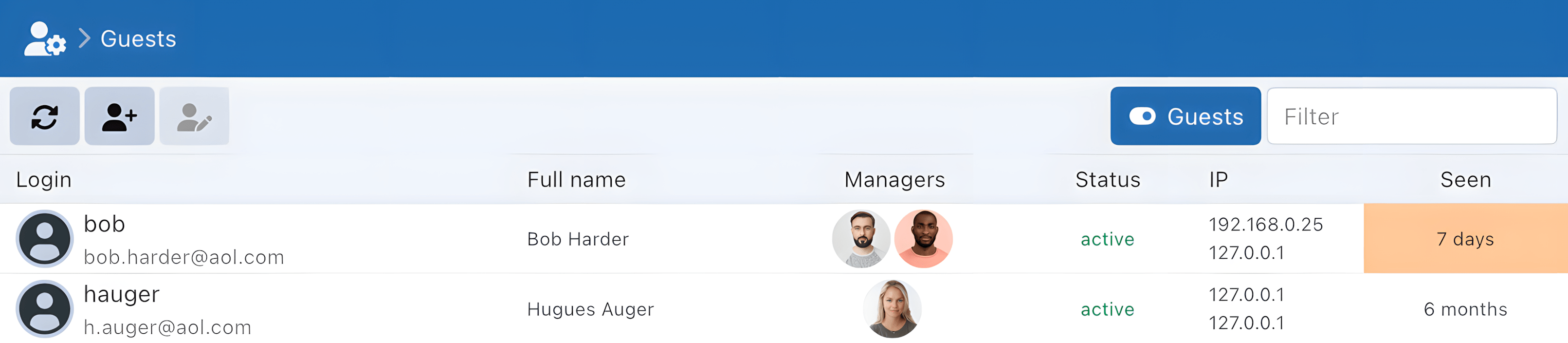 Guests Sync-in guest account administration list