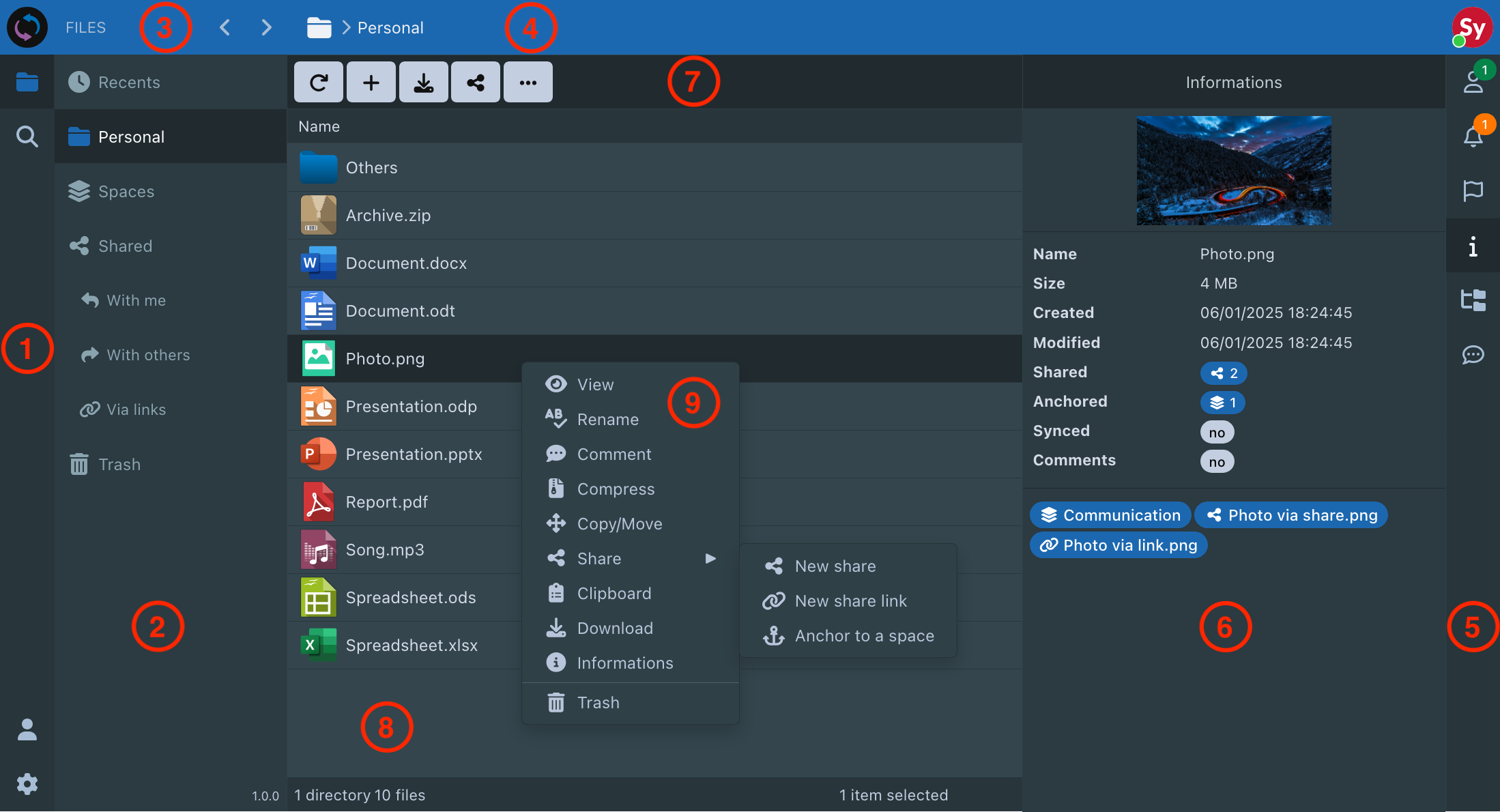 Sync-in web interface layout overview