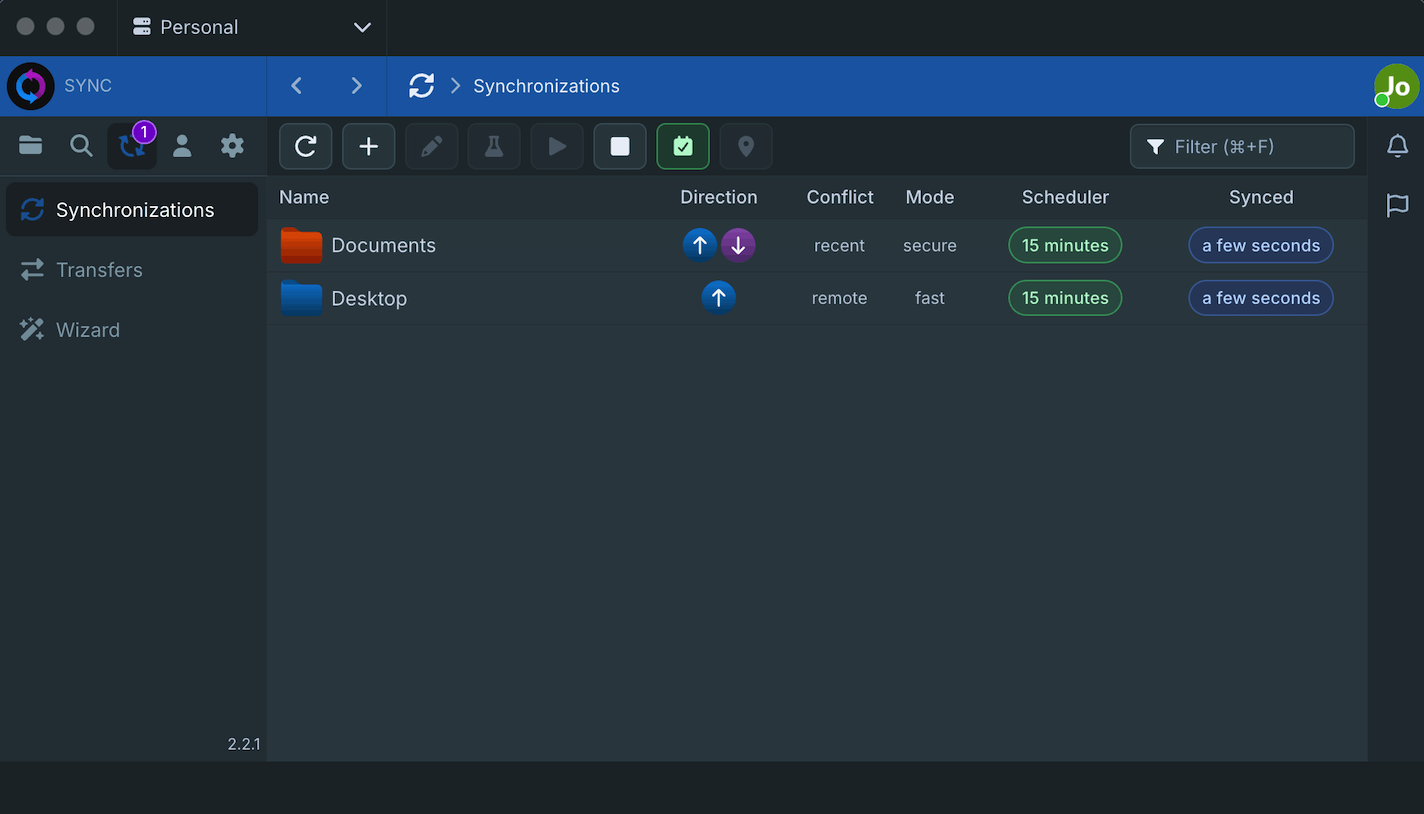 Sync-in desktop application synchronization dashboard