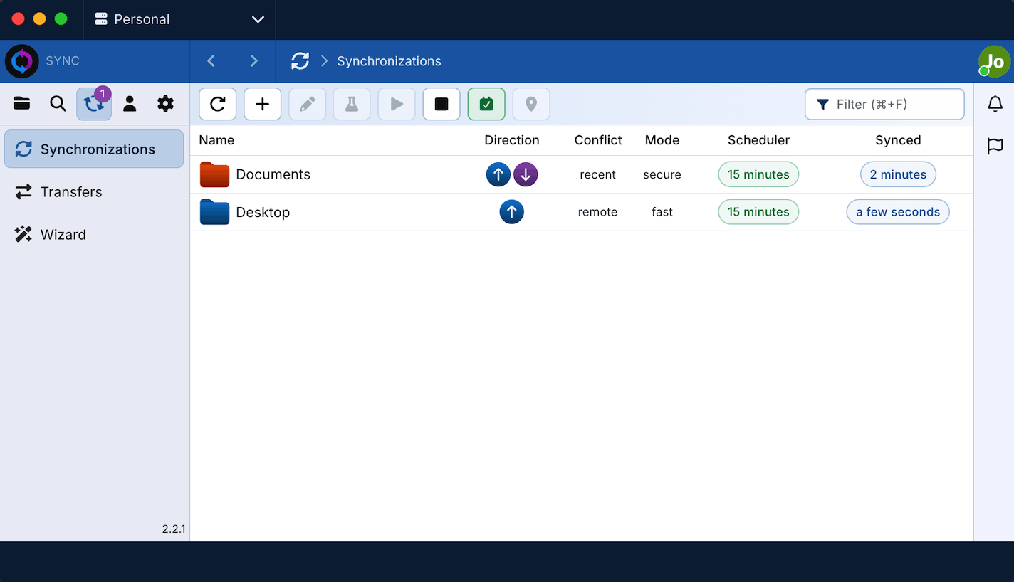 Sync-in desktop synchronization interface