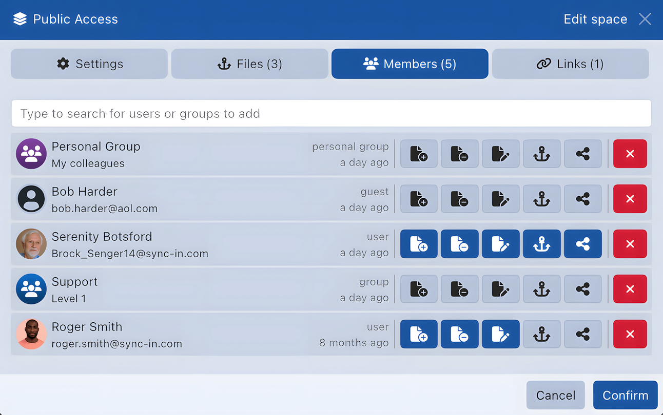 Sync-in users, guests, and groups management interface