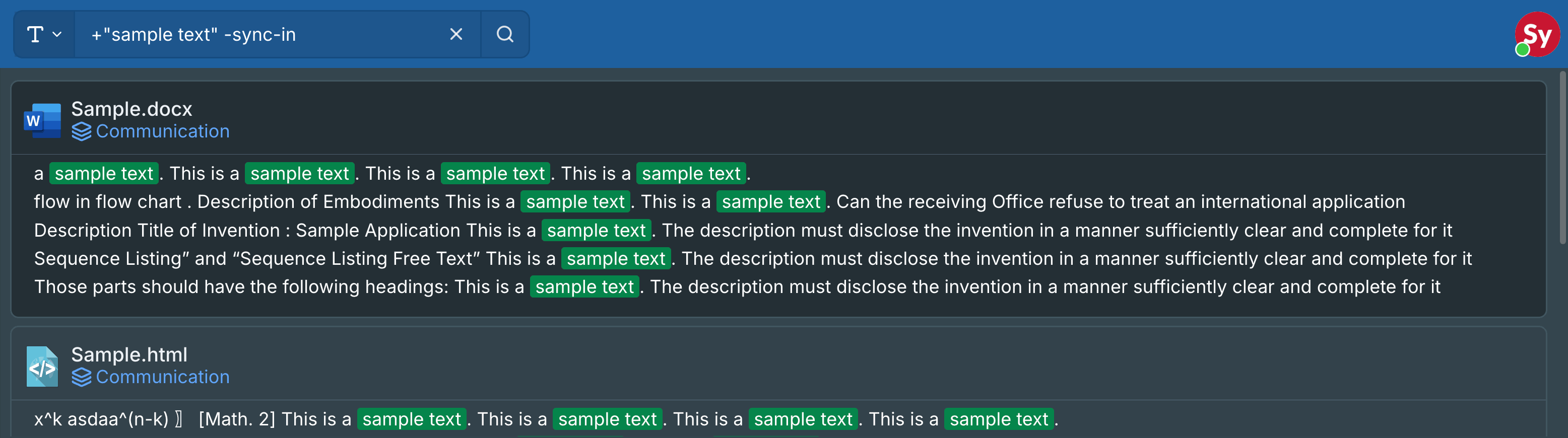 Risultati della ricerca full-text di Sync-in nel contenuto dei documenti